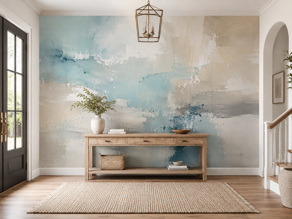 Textured coastal wallpaper mural with soft blue and beige abstract brushwork extending along a hallway.