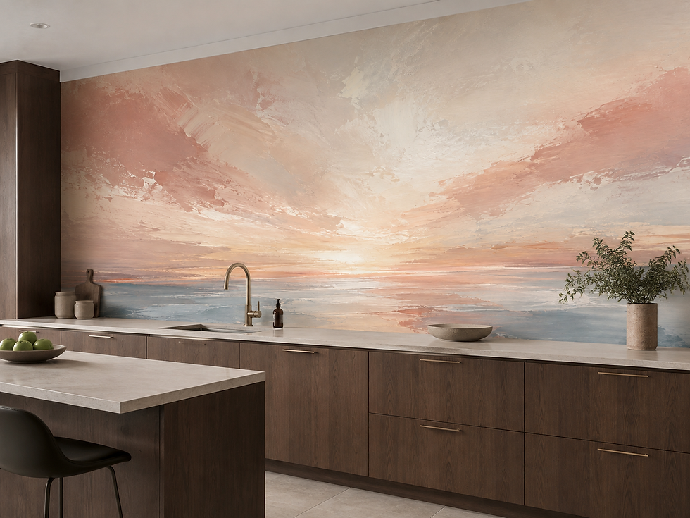 Thumbnail: Soft coastal sunrise mural with dusty pink clouds, reflective blue-gray water and painterly texture in a kitchen