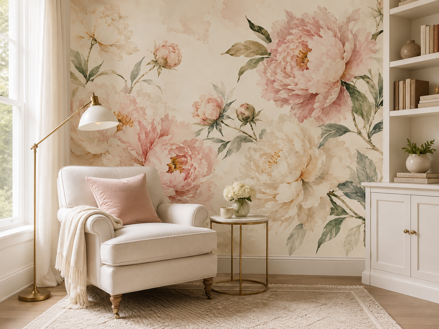 Soft floral watercolor wallpaper mural creating a relaxing reading nook with blush peonies.