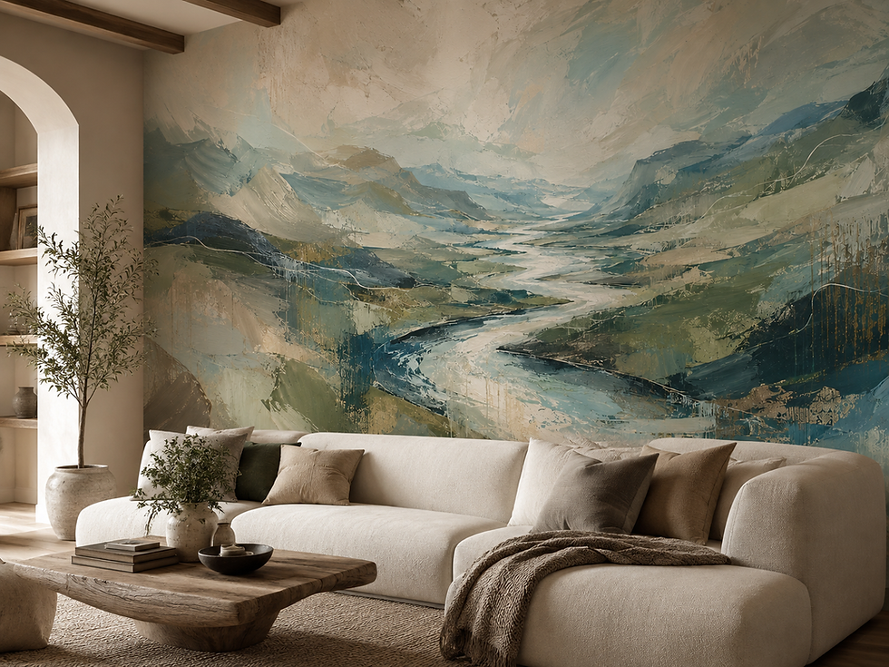 Thumbnail: Sage valley wall mural with winding river, blue green mountains and textured abstract brushwork in a living room
