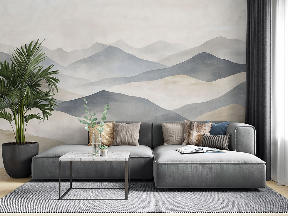 Thumbnail: Modern living room featuring Norvale landscape wallpaper, layered charcoal and stone-toned mural design