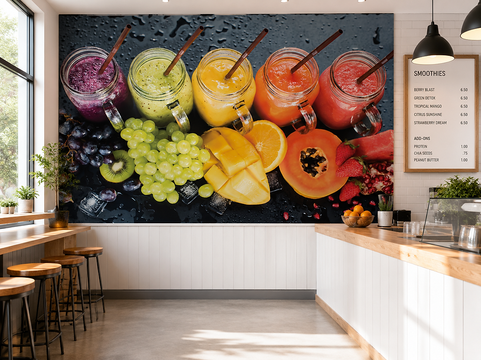 Thumbnail: Wellness café wall mural with colorful smoothies and nutritious fresh fruit for modern commercial interiors.