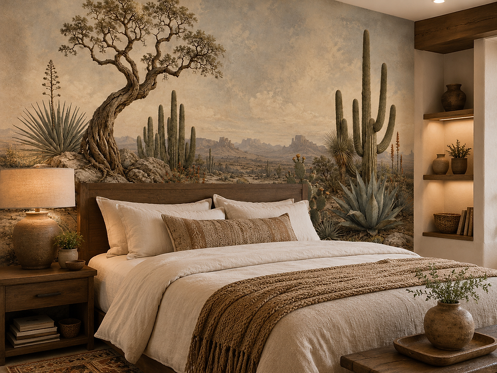 Thumbnail: Saguaro cactus wallpaper mural with agave plants and warm vintage desert landscape in a bedroom.