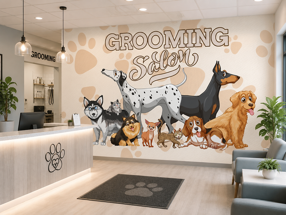 Thumbnail: Commercial dog grooming wallpaper featuring colorful illustrated pets and modern salon graphics for professional pet business