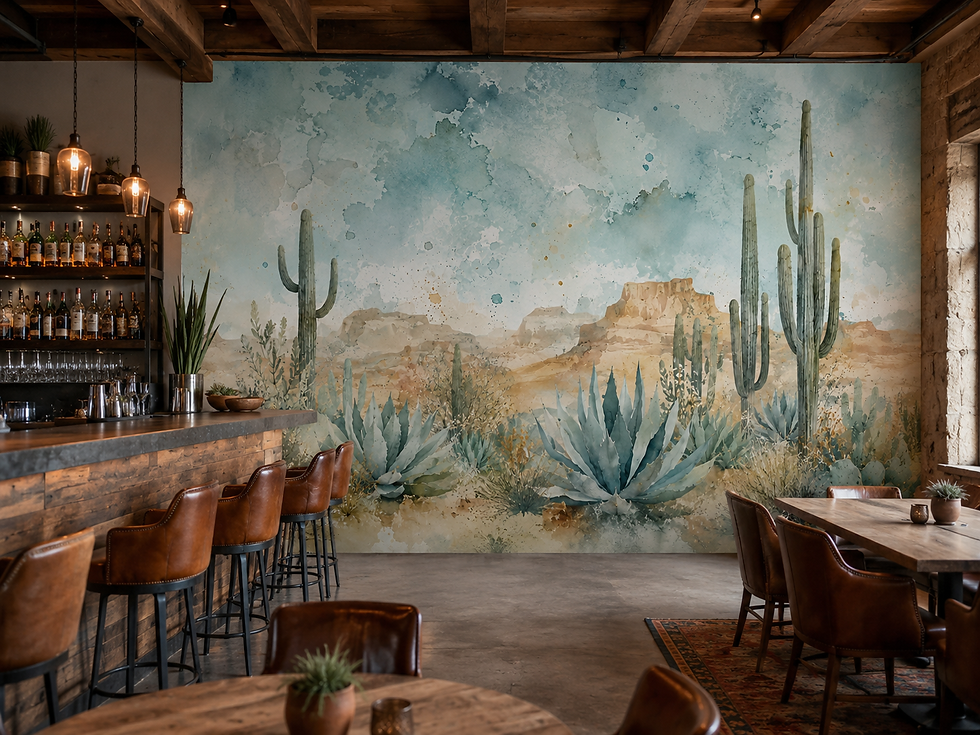 Thumbnail: Southwest agave wall mural with blue-green succulents and tall desert cactus in a restaurant interior.
