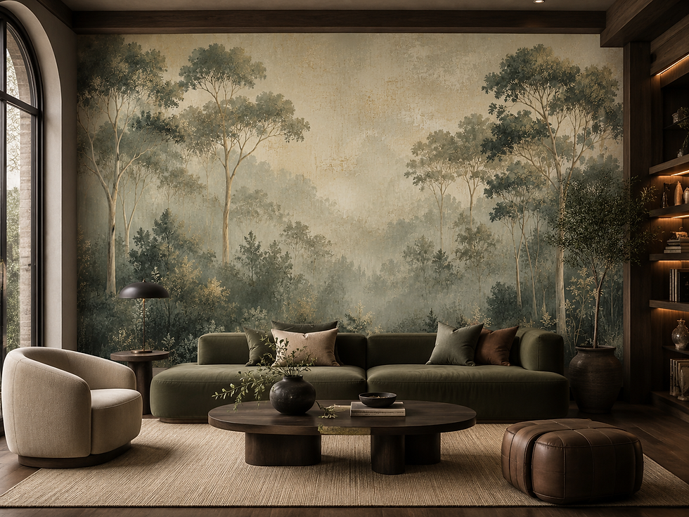 Forest wallpaper for a living room featuring misty woodland trees, warm golden light, and elegant botanical scenery