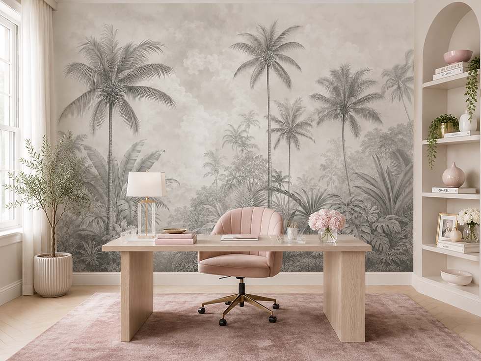 Monochrome botanical wallpaper with tropical palms and misty foliage creating a calm home office.