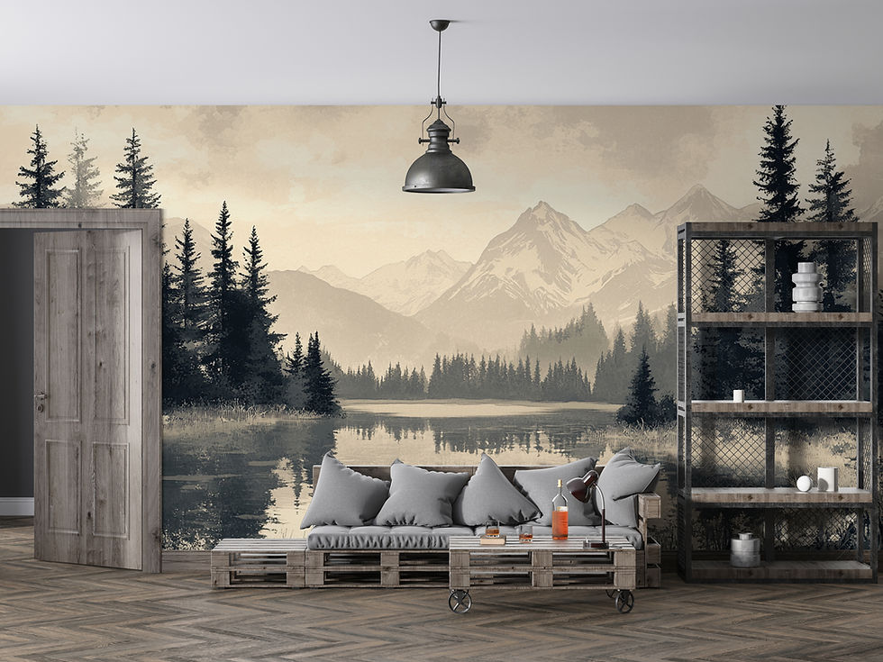Sepia mountain forest wallpaper mural in elegant living room