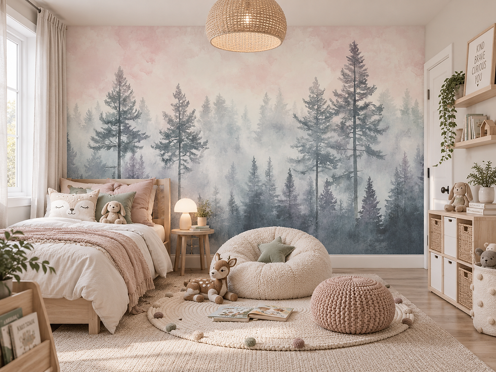 Thumbnail: Soft lavender forest wallpaper mural with gentle blue-gray pine trees and dreamy pastel mist in a child's room