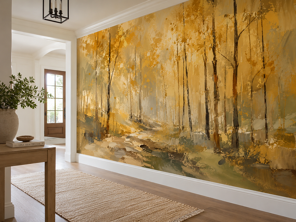 Thumbnail: Golden woodland wallpaper mural with tall trees, glowing light and warm textured forest scenery in a hallway