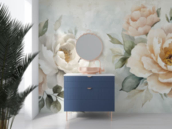 watercolor floral wall mural with ivory peonies
