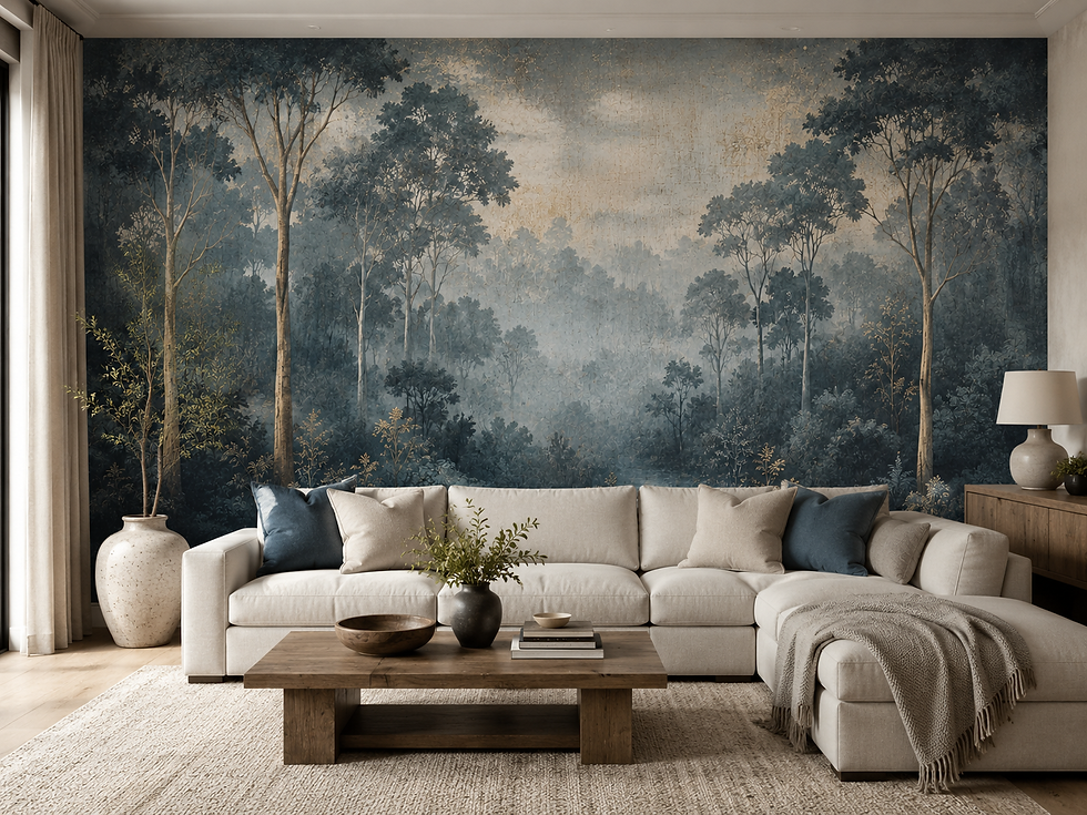 Thumbnail: Forest wallpaper for a living room featuring misty woodland trees, textured botanical details, and soft blue gray tones