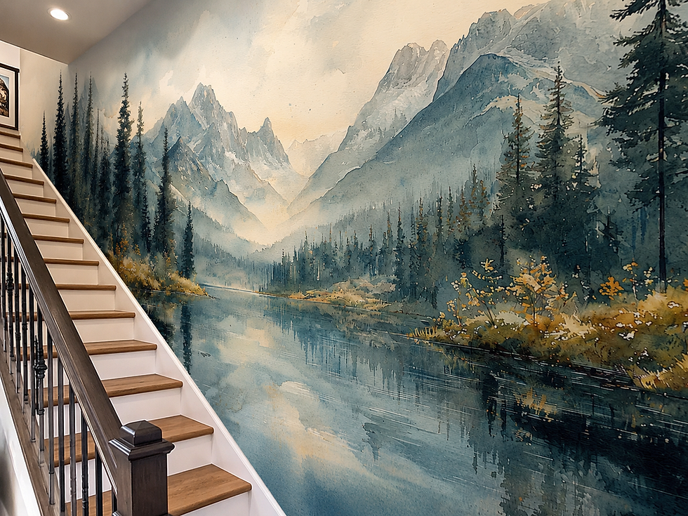 Thumbnail: Alpine mountain mural with cool blue peaks, evergreen trees and calm lake along a staircase