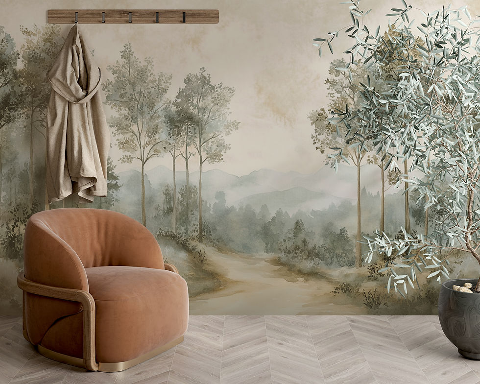Thumbnail: Neutral nursery featuring Lunavelle watercolor woodland wallpaper mural