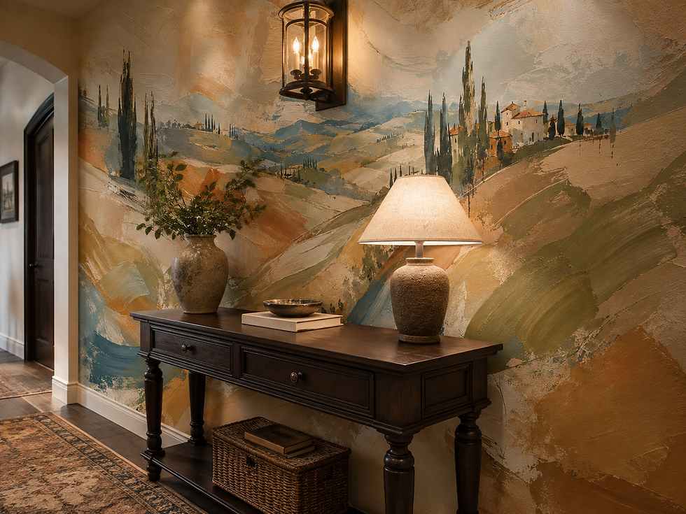 Thumbnail: Cypress tree wallpaper with rolling Tuscany hills, Italian villas and textured countryside scenery in a hallway