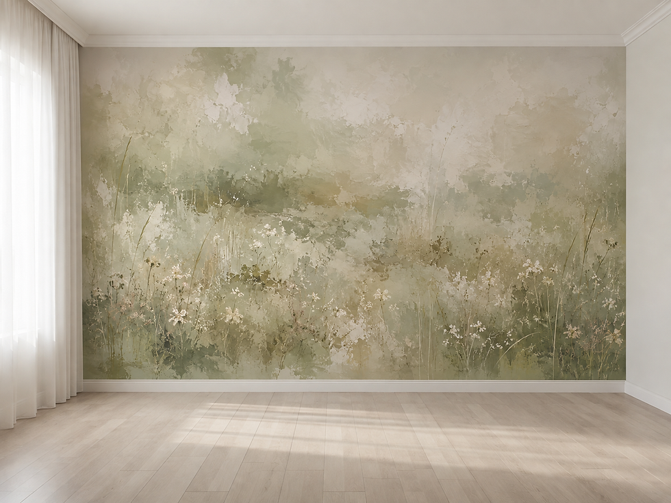 Thumbnail: Abstract floral wallpaper with sage green foliage, delicate white flowers and calming neutral brushwork in a home office