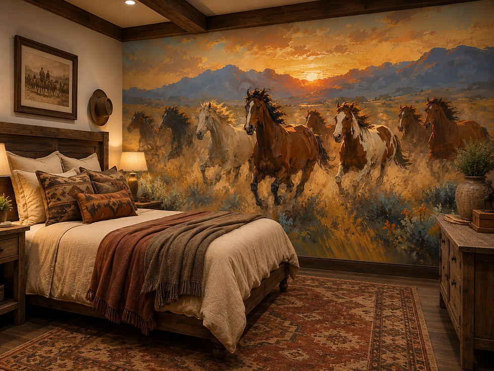 Horse herd wallpaper mural with chestnut, pinto and cream horses racing beneath a glowing sunset in a bedroom.