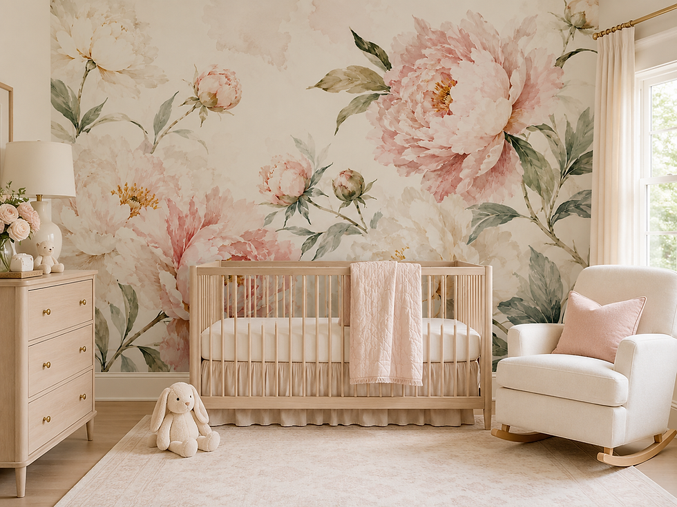 Gentle blush peony watercolor wallpaper mural bringing a soft floral touch to a peaceful nursery.