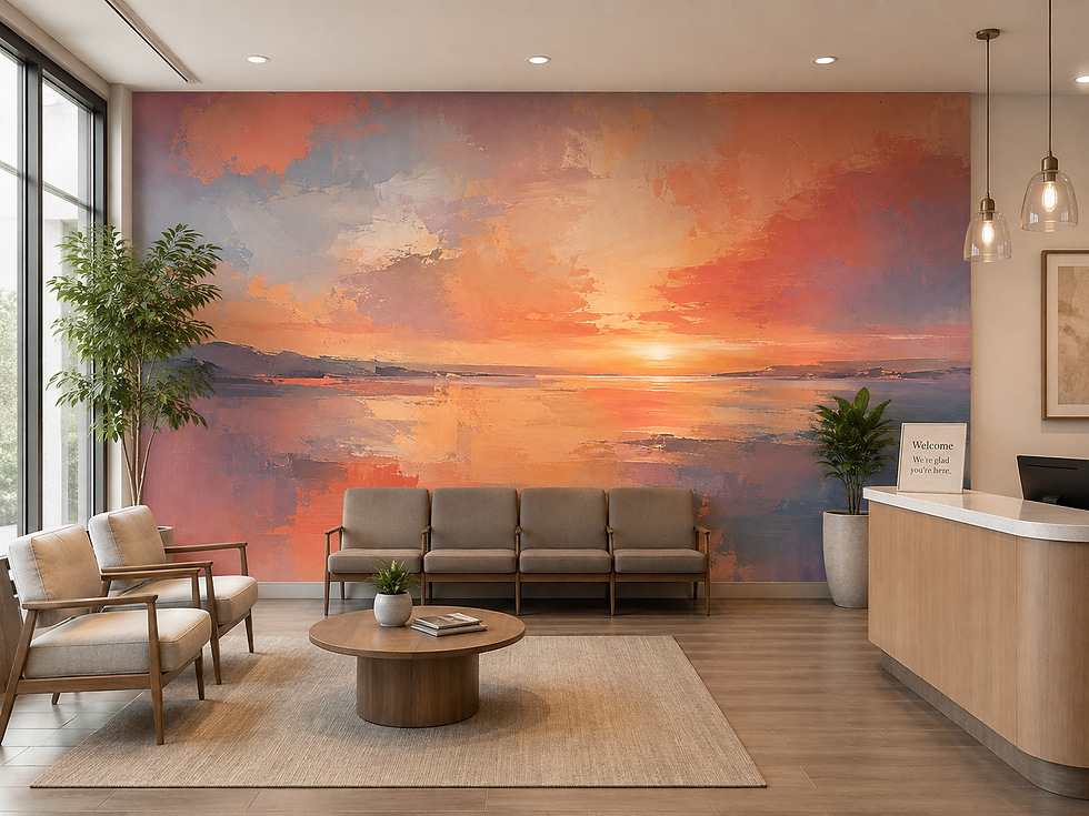 Thumbnail: Peach coastal landscape mural with glowing sunset, calm ocean and soft abstract painted texture in a waiting area