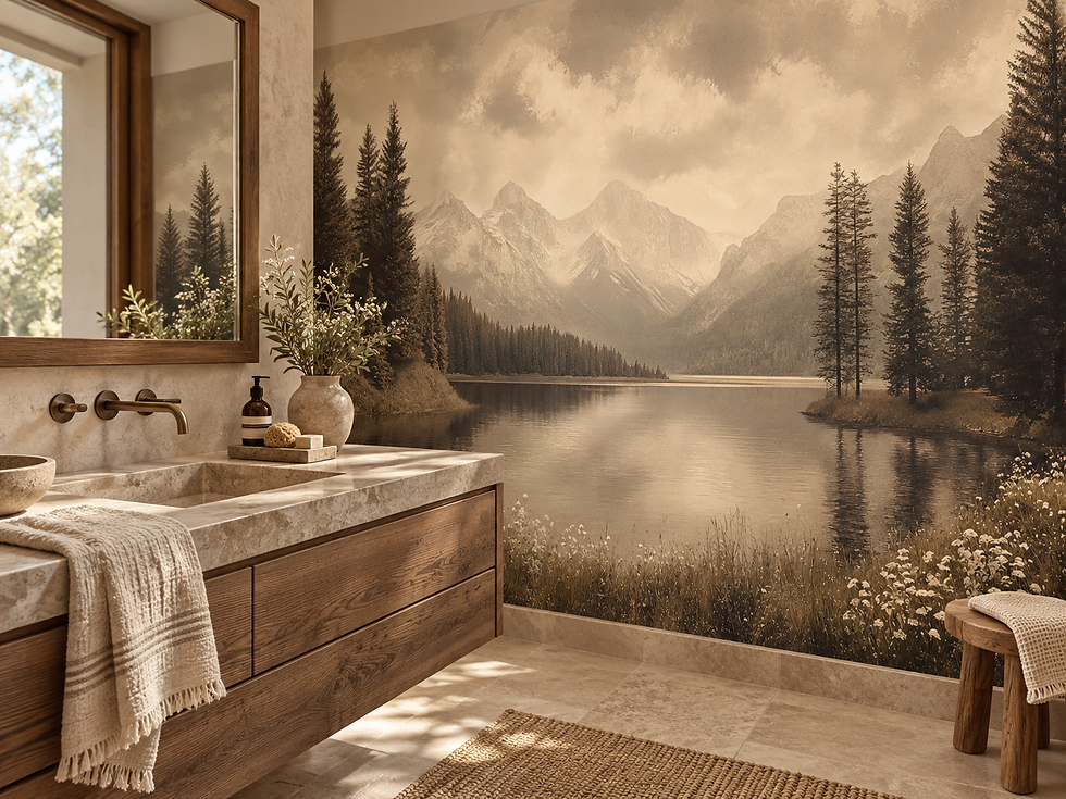 Thumbnail: Mountain lake wallpaper with pine trees and sepia peaks in a bathroom with sink and mirror