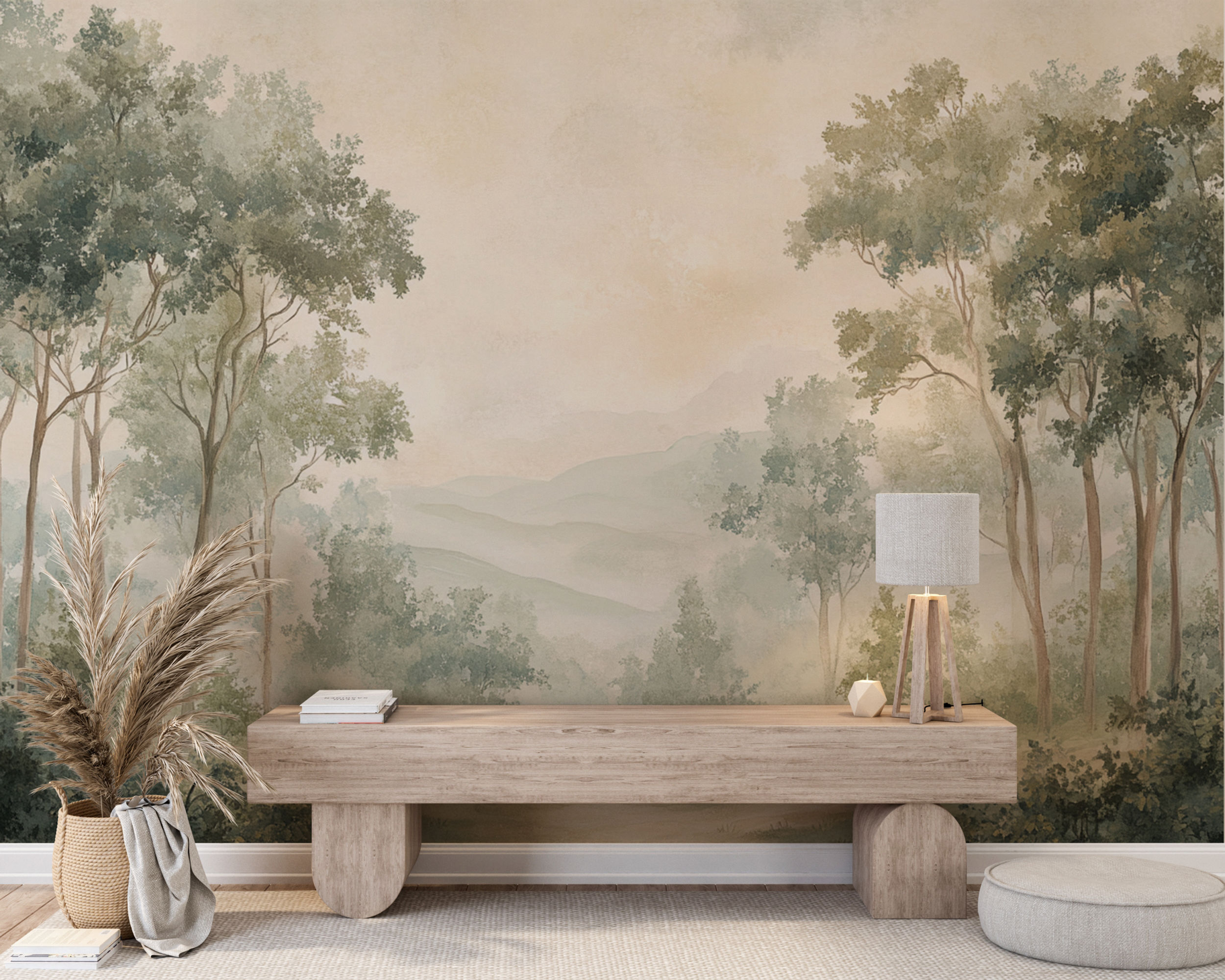 Elarie woodland wallpaper mural by Bellasso featuring misty watercolor trees and soft countryside landscape