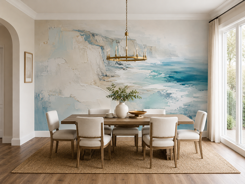 Thumbnail: Coastal cliffs wallpaper mural with pale stone cliffs and blue ocean waves behind a contemporary dining area.