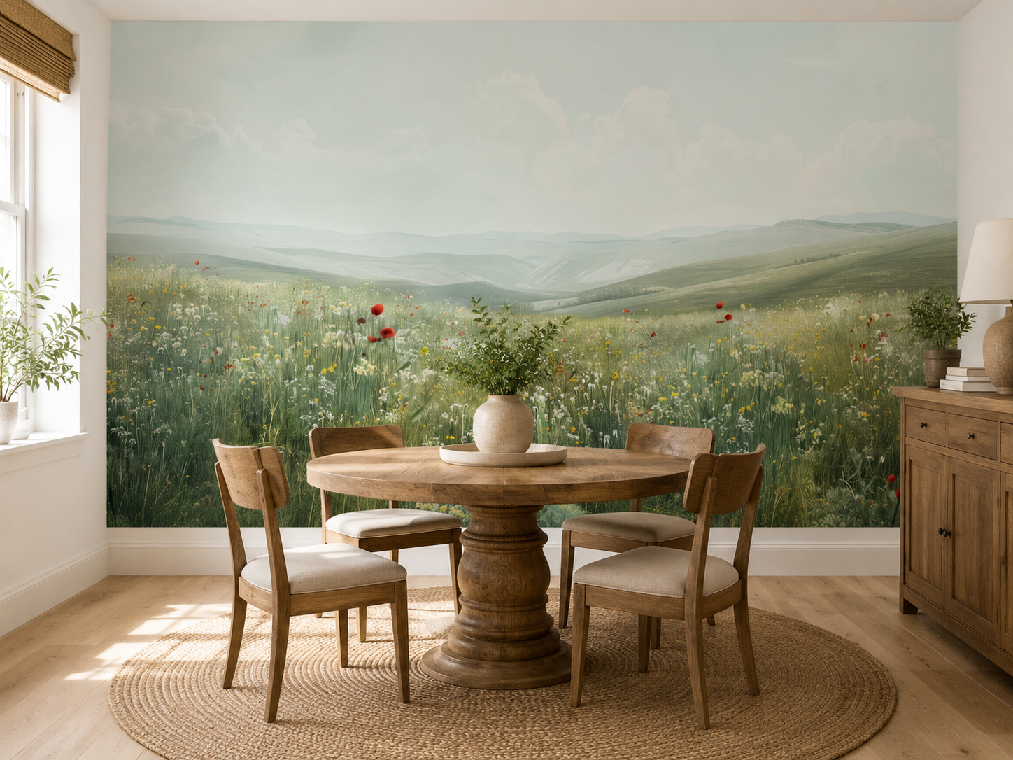 Botanical wallpaper in a dining room with colorful meadow flowers and scenic rolling hills.