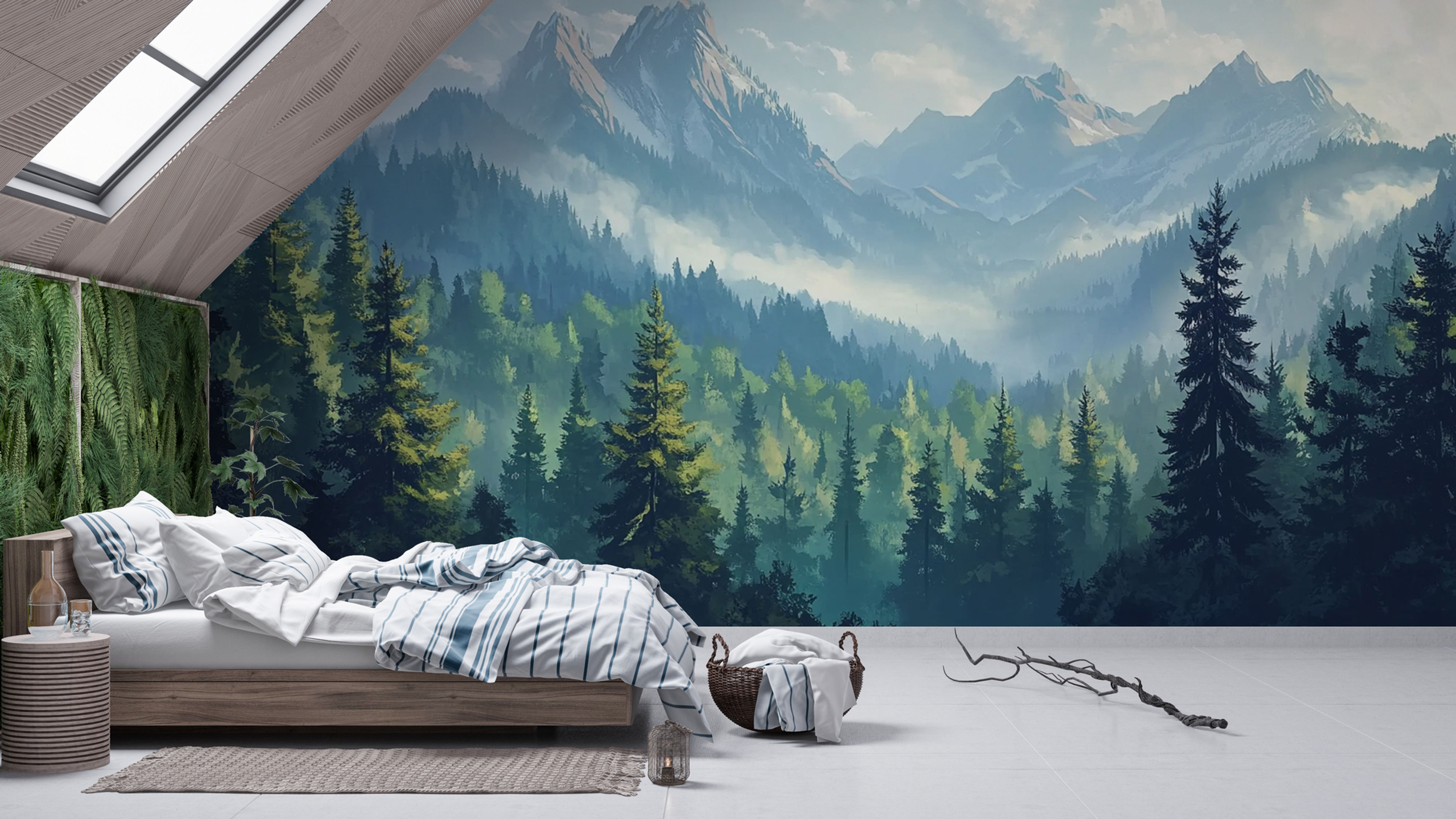 Bedroom styled with Valthera mountain wallpaper, soft forest landscape with mist and light tones