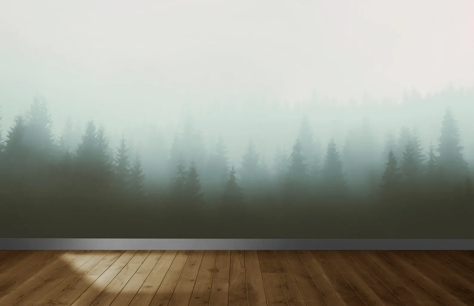 Mistvale foggy forest wall mural by Bellasso with misty pine trees