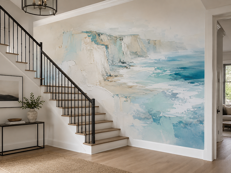 Thumbnail: Coastal cliff wall mural with light ivory cliffs and misty blue ocean creating an airy modern entryway.