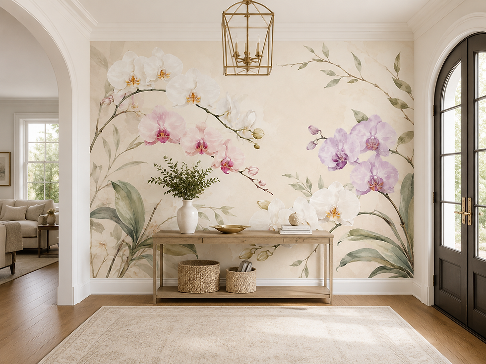 Thumbnail: Orchid Bloom botanical wallpaper mural welcoming guests with watercolor orchid flowers in an entryway.