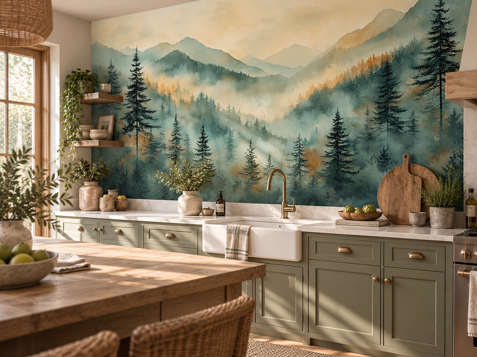 Teal evergreen mural with layered mountain peaks, misty pines and golden accents in a kitchen