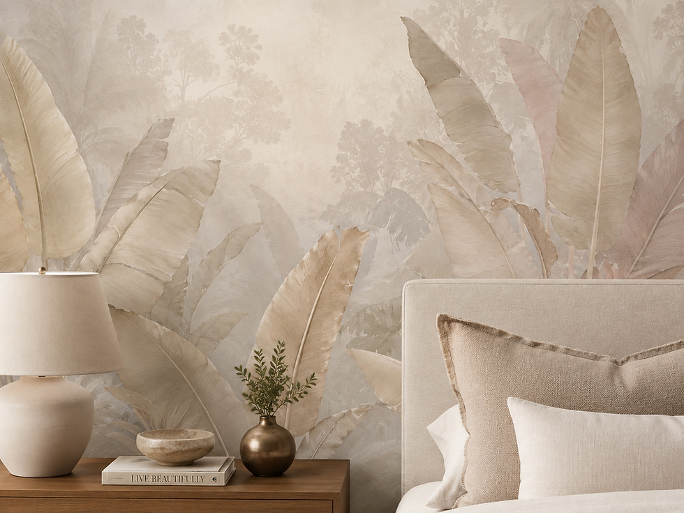 Thumbnail: Painterly tropical wallpaper mural with oversized warm beige leaves styled in an elegant guest room.