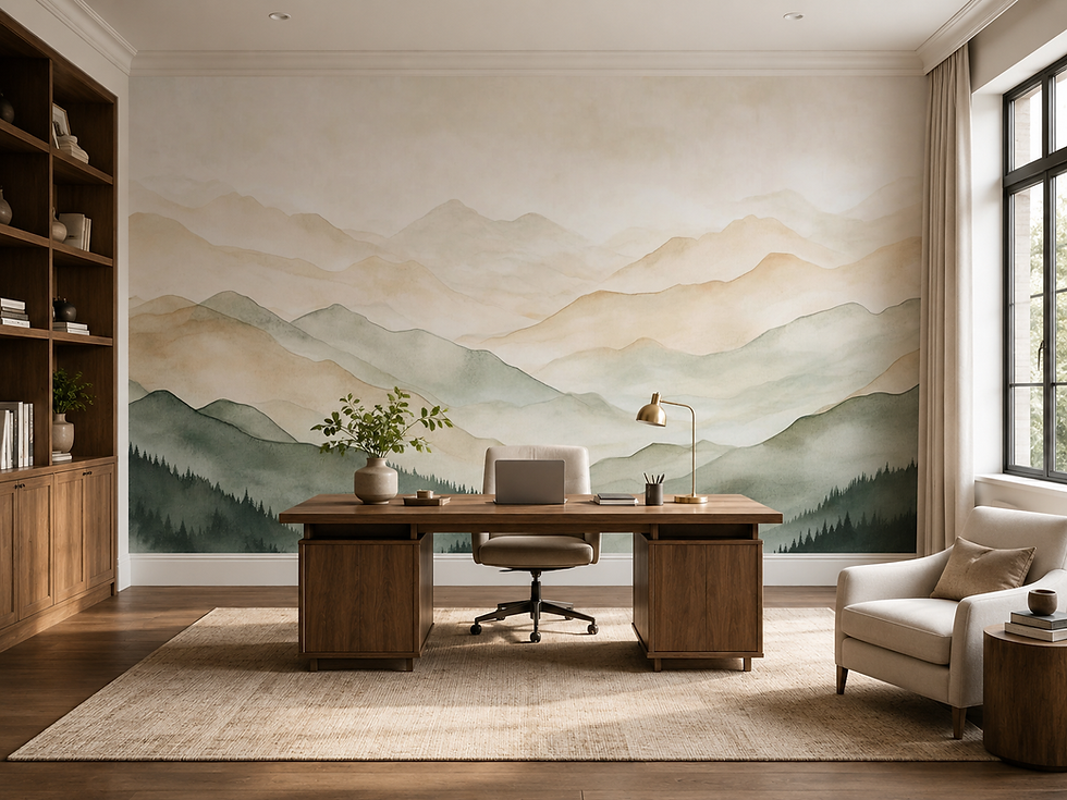 Thumbnail: Minimalist landscape wallpaper with layered watercolor mountains in soft sage, beige and cream in a home office