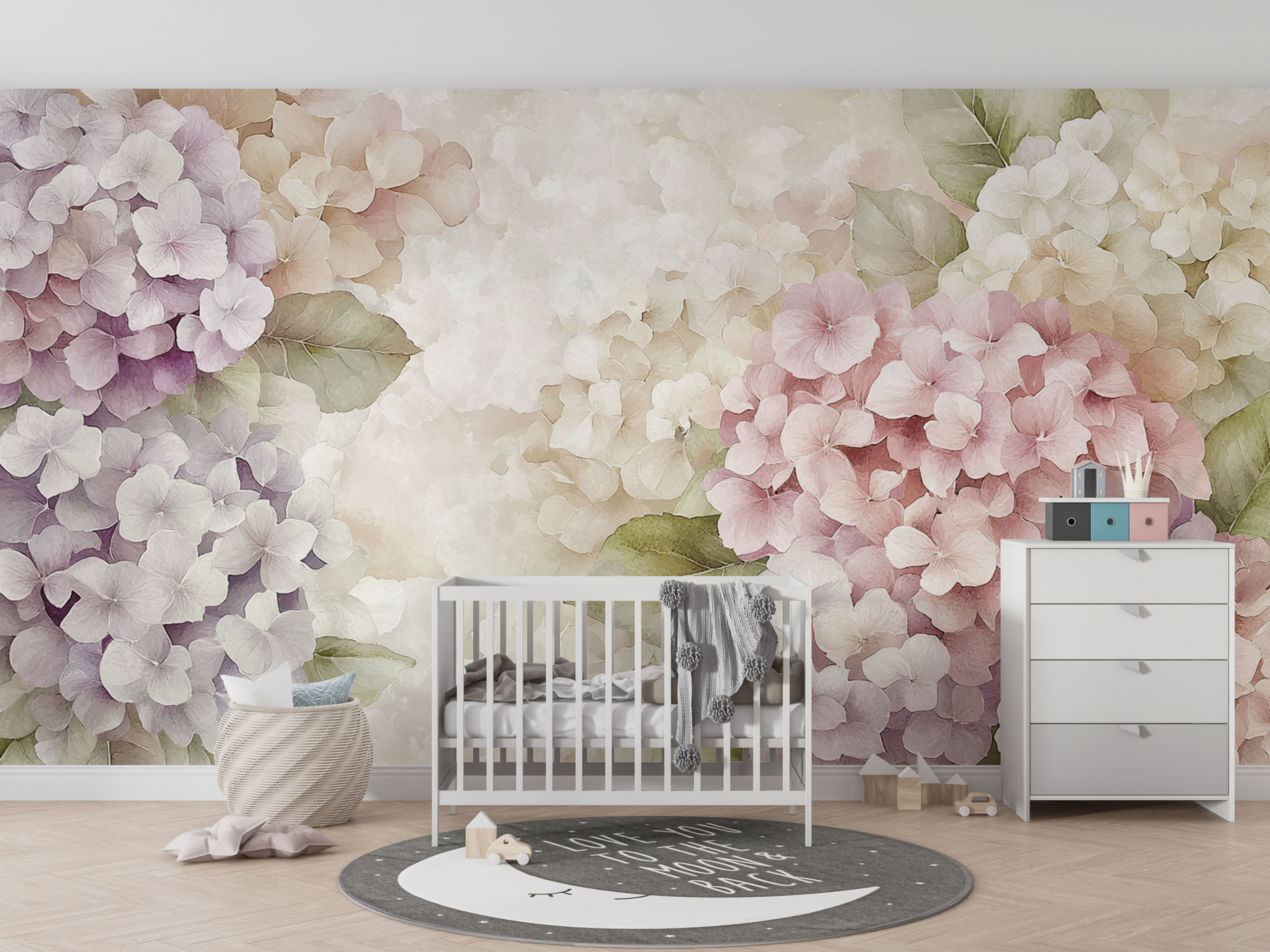 pastel botanical hydrangea mural for nursery decor