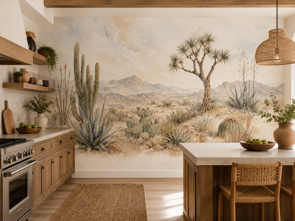 Thumbnail: Desert plants wallpaper mural with saguaro cactus, agave and airy watercolor scenery in a kitchen.