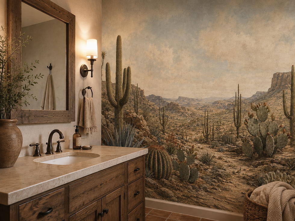 Thumbnail: Southwest cactus wallpaper mural with muted saguaro, agave and warm desert scenery in a bathroom.