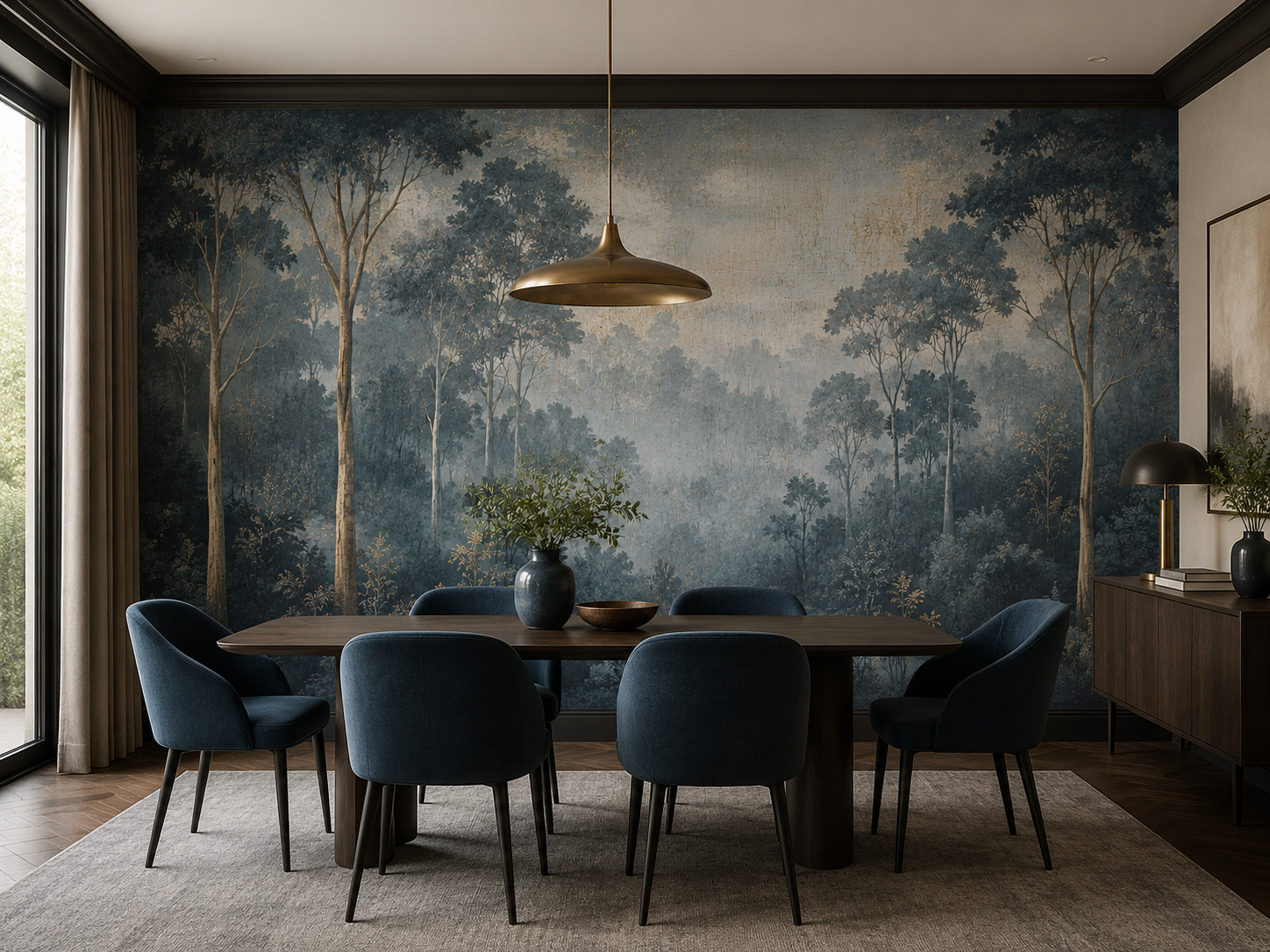 Landscape wallpaper for a dining room featuring misty woodland trees and serene forest scenery