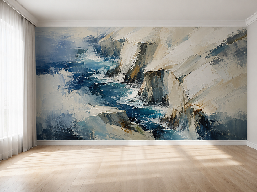 Thumbnail: Textured ocean cliff wallpaper with navy sea, rugged white rock formations and painterly coastal detail in a home office