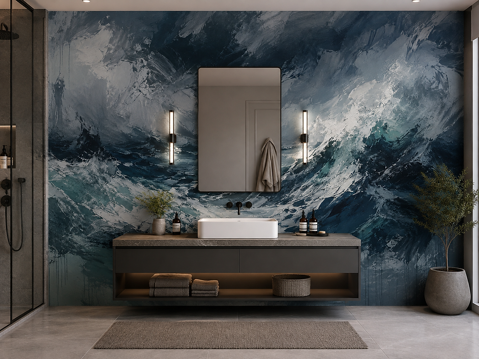 Ocean wave mural in a bathroom with sink and mirror, featuring navy water and dramatic white surf