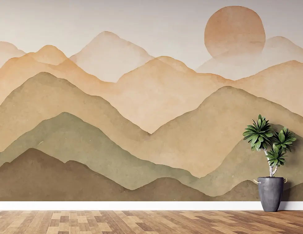Thumbnail: Full view of Solterra boho landscape wallpaper by Bellasso, layered desert mountains in warm neutral tones