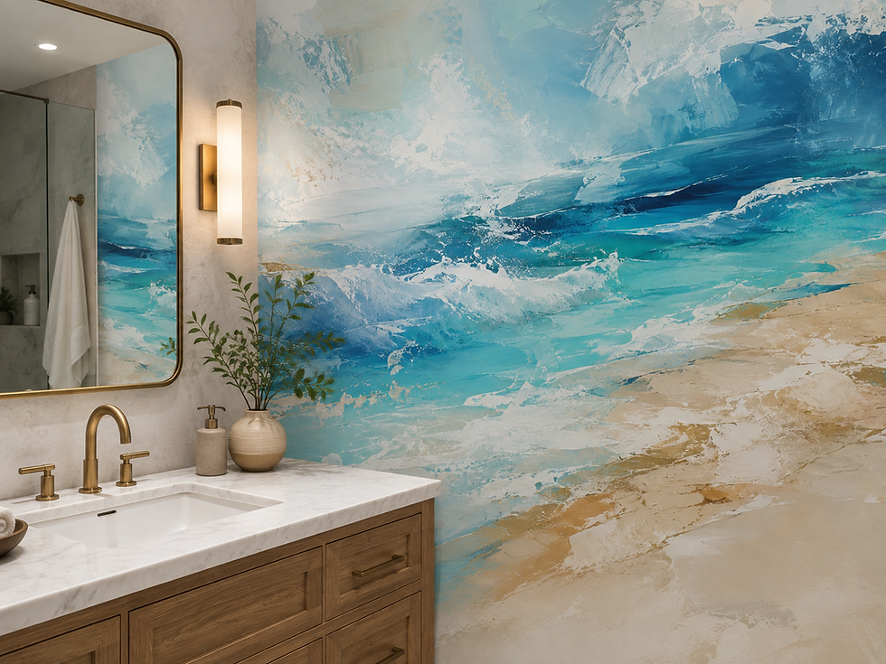 Thumbnail: Turquoise beach wallpaper mural with white seafoam and warm sandy shoreline in a serene bathroom.