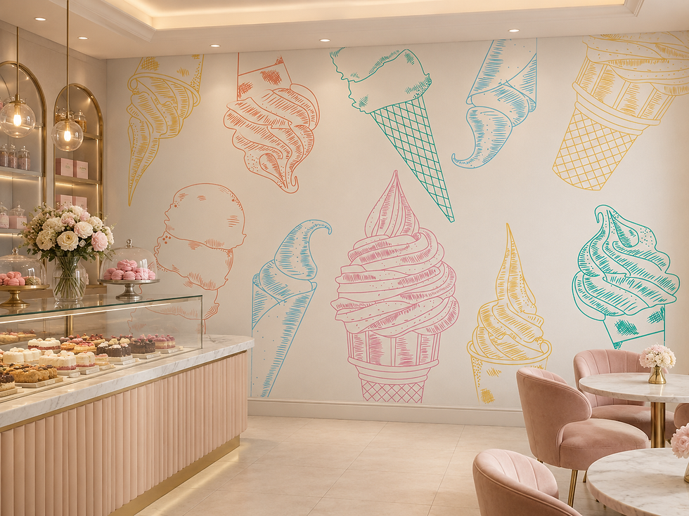 Thumbnail: Fun colorful ice cream wallpaper decorating a candy shop.