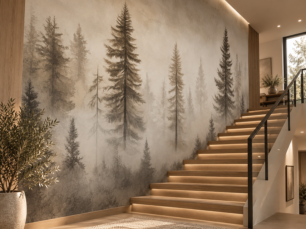Thumbnail: Tall pine tree wall mural with warm sepia evergreens, pale mist and vintage forest texture along a staircase