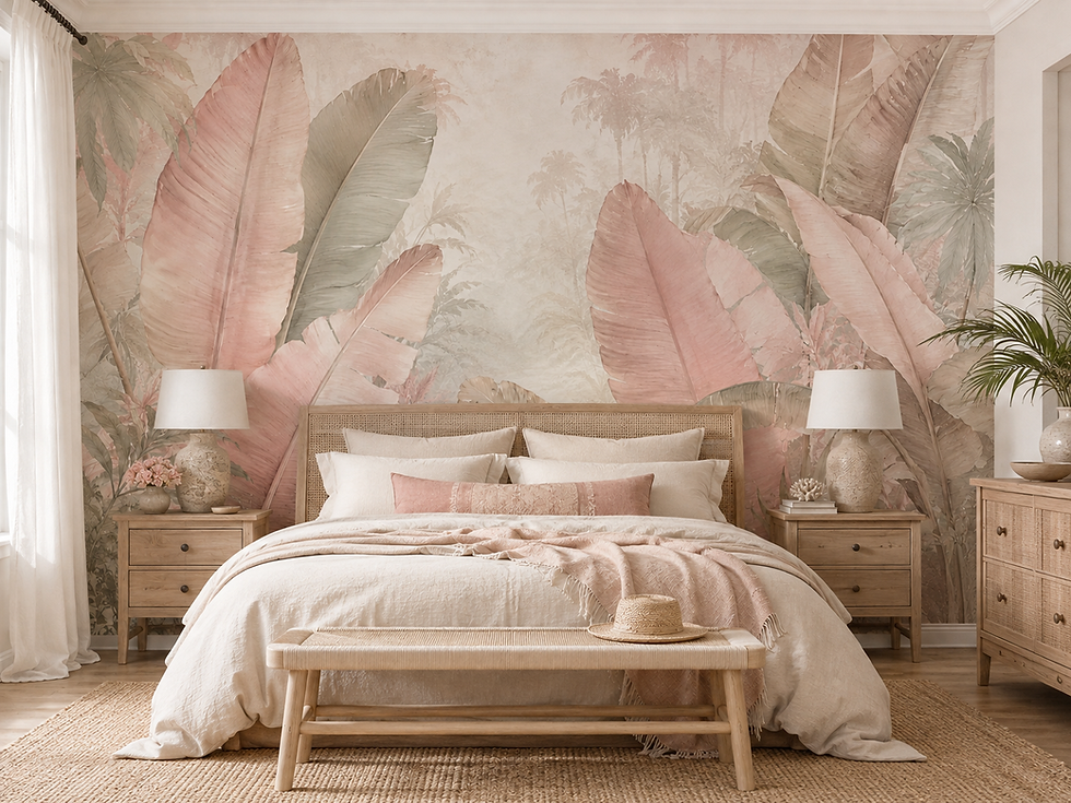 Thumbnail: Pink banana leaf wallpaper mural with oversized blush tropical leaves styled in a serene bedroom.