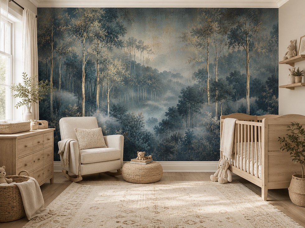 Thumbnail: Woodland wallpaper for a nursery featuring calming misty trees and soft botanical artwork