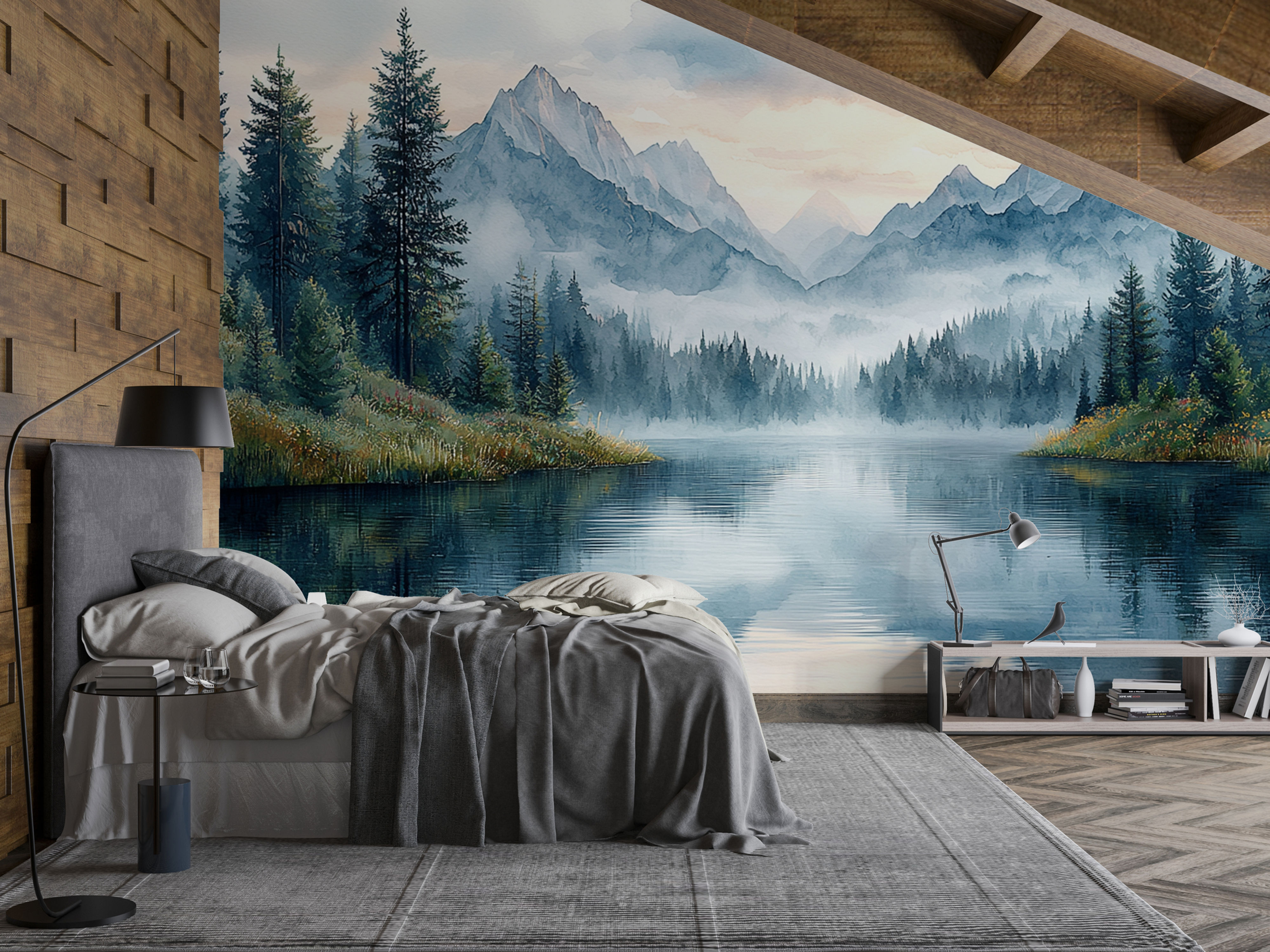 watercolor mountain wall mural bedroom interior