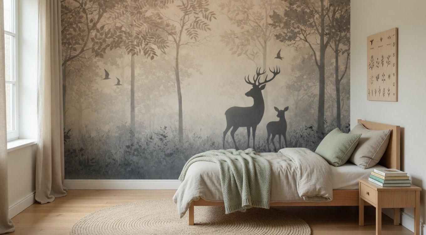 misty woodland deer wall mural