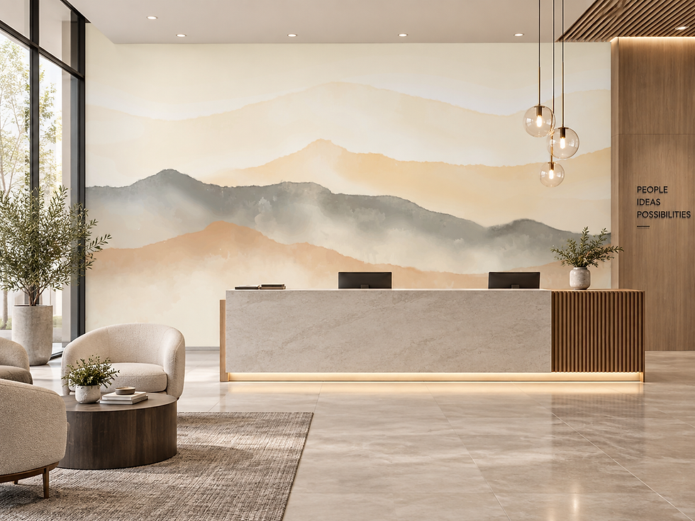 Thumbnail: Minimalist landscape mural with layered beige mountains, pale peach accents and soft gray watercolor tones in a waiting area