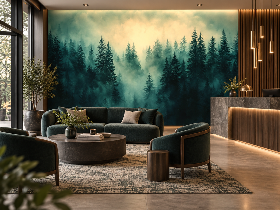 Thumbnail: Moody teal woodland mural with dense evergreen trees, layered green-blue fog and warm atmospheric light in a waiting area